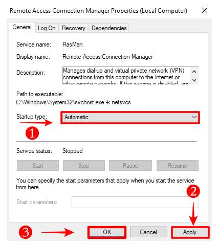 At the start-up type, select Automatic from the drop down menu and click on Apply followed by OK button. Next, Restart your computer.